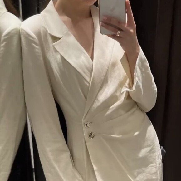 NEW ZARA LINEN BLEND BLAZER DRESS PLEAT BEIGE OFF WHITE IVORY 7875/939 SZ S - Picture 11 of 15
